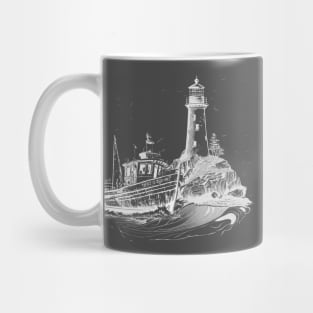 lighthouse with an old boat in vintage style Mug